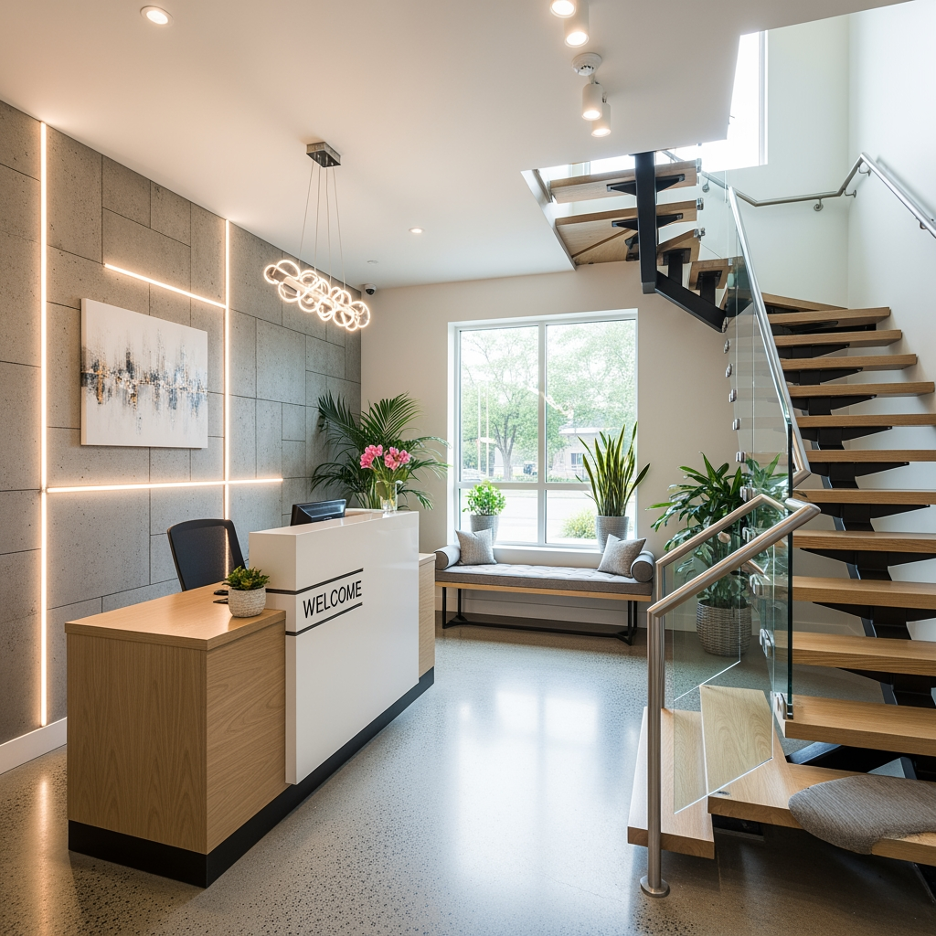 AI Design for voglio un rendering di una reception non molto grande dove si vede anche una scala moderna che porta al primo piano sul lato destro