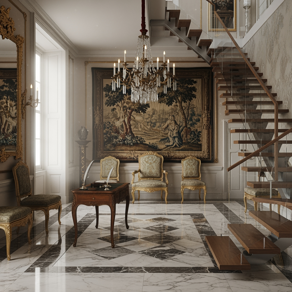 AI Design for voglio un rendering di una reception in un palazzo del 700 non molto grande dove si vede anche una scala moderna che porta al primo piano sul lato destro