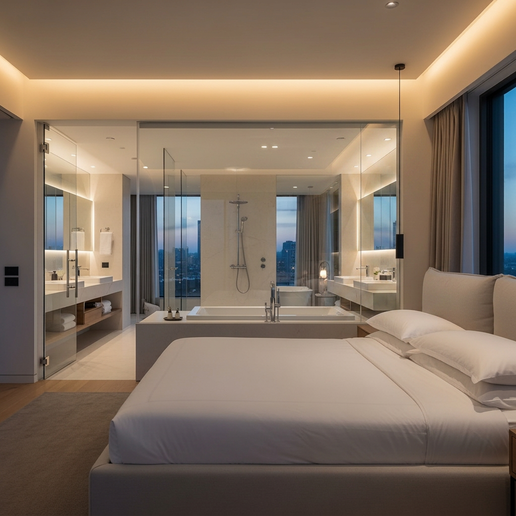 AI Design for crea lo stesso render con il bagno dietro al letto
