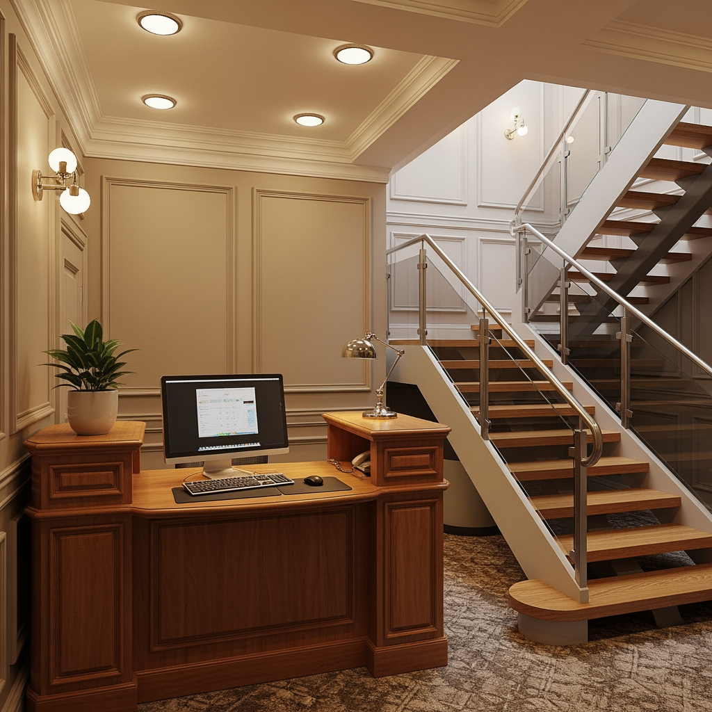 AI Design for voglio un rendering di una reception in stile classico non molto grande, con soffitto basso, una scrivania con un computer e  dove si vede anche una scala moderna che porta al primo piano sul lato destro