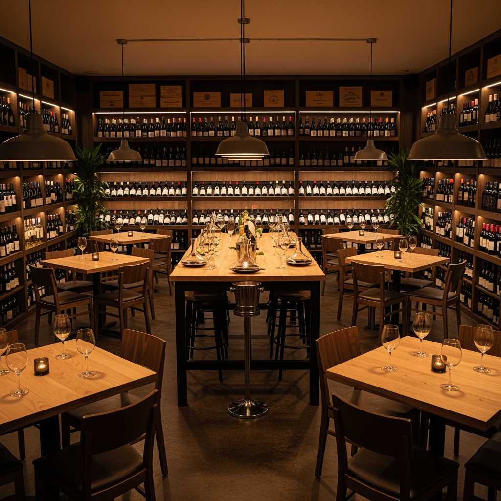 AI Design for crea una enoteca con dei tavoli quadrati un tavolo per la degustazione senza persone