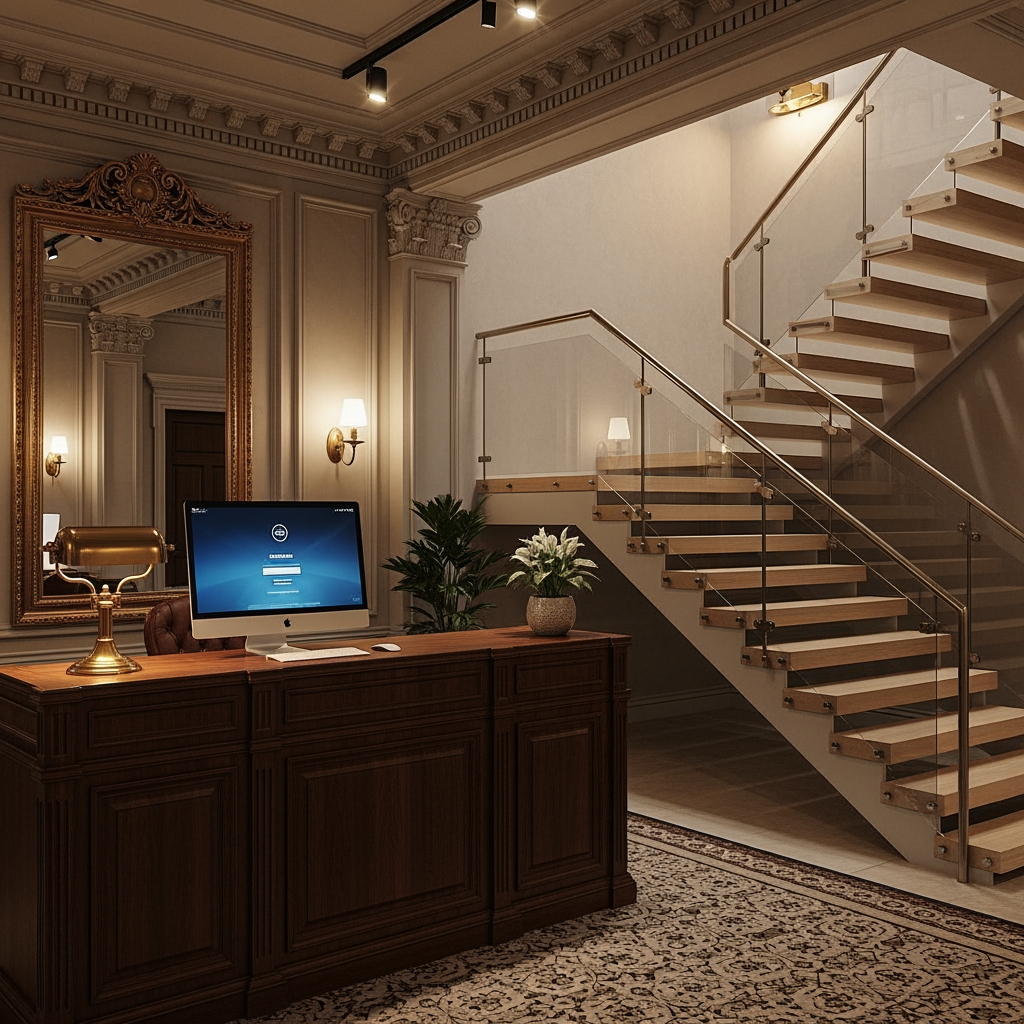 AI Design for voglio un rendering di una reception in stile classico non molto grande, con soffitto basso, una scrivania con un computer e  dove si vede anche una scala moderna che porta al primo piano sul lato destro