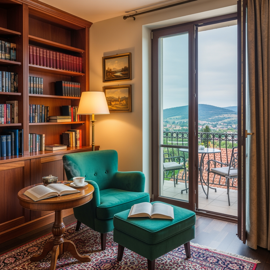 AI Design for crea una pisccola sala lettura per un albergo con porta finestra che si affaccia sul balcone