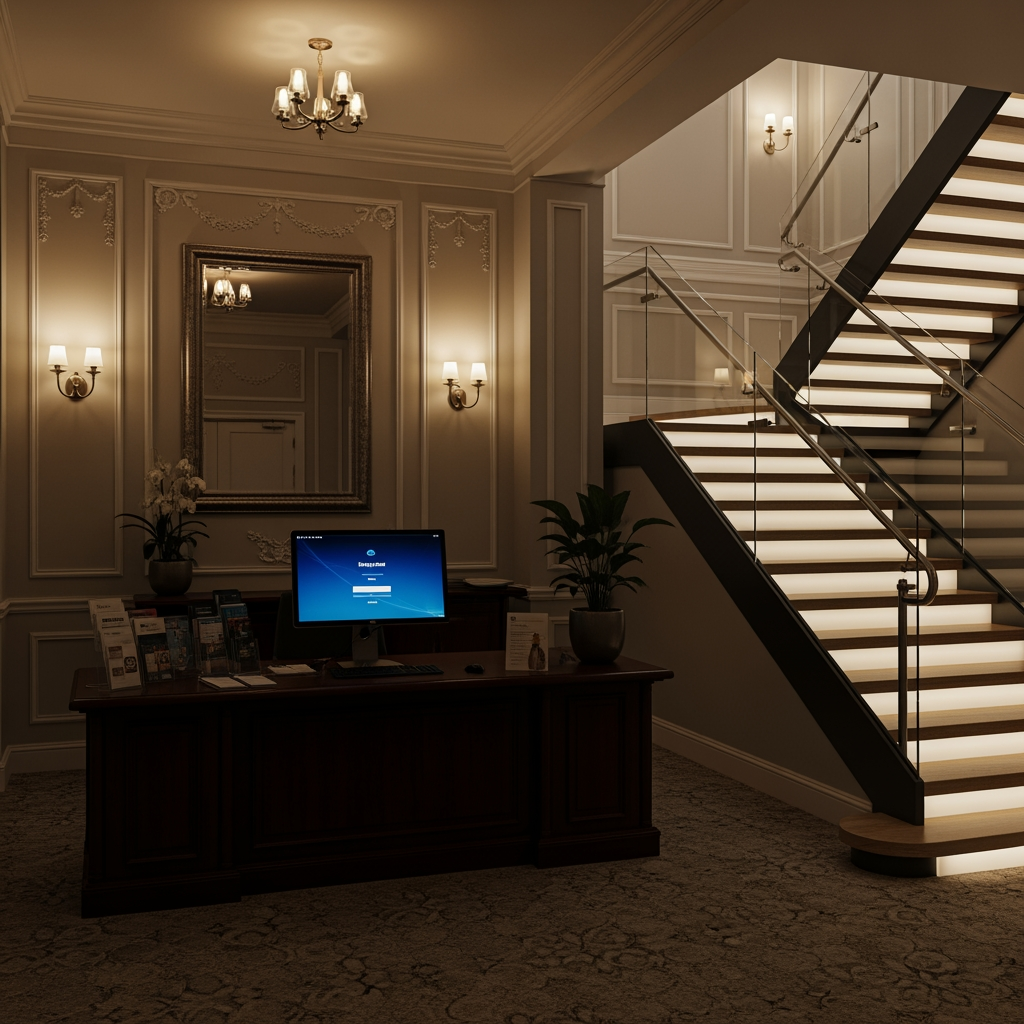 AI Design for voglio un rendering di una reception in stile classico non molto grande, con soffitto basso, una scrivania con un computer e  dove si vede anche una scala moderna che porta al primo piano sul lato destro