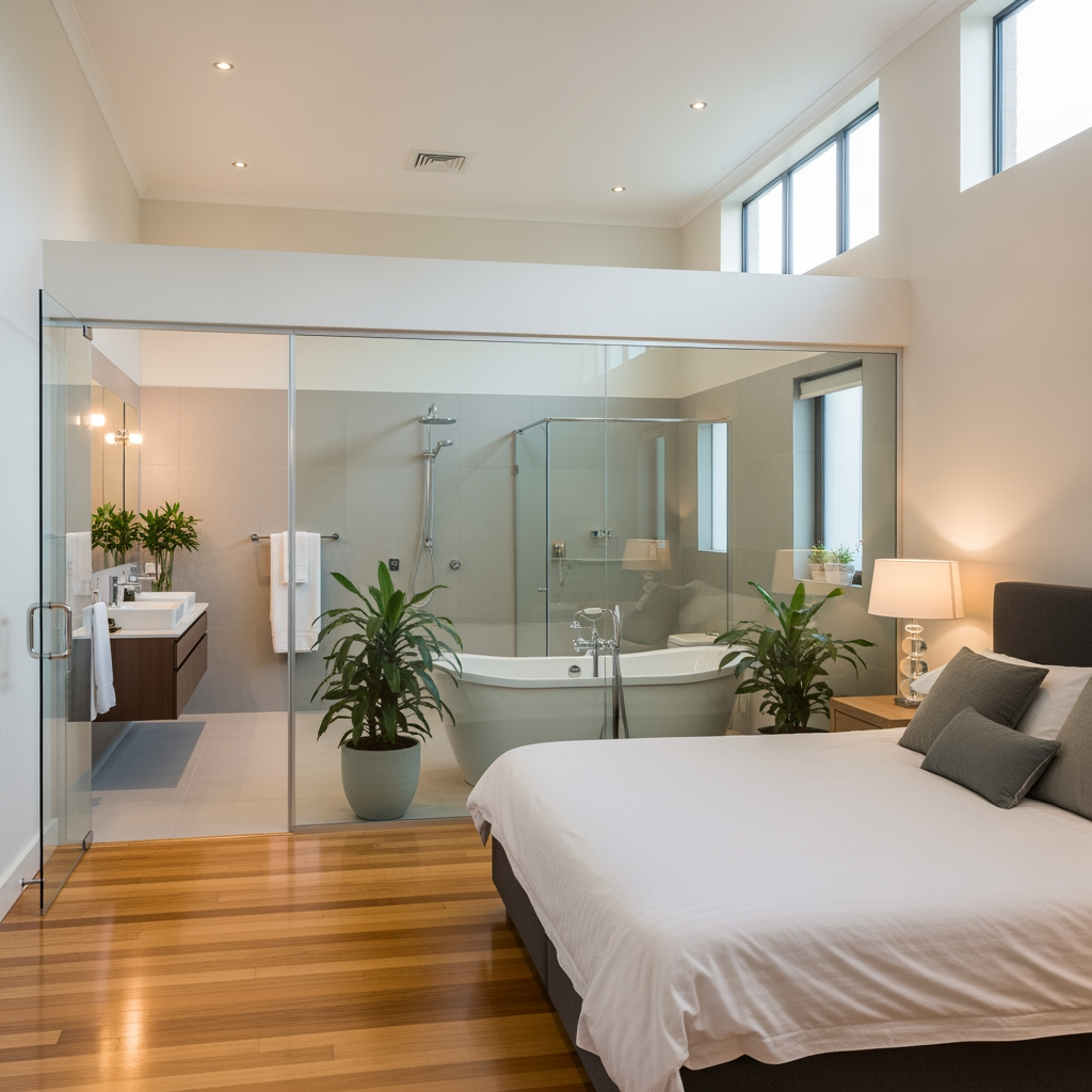 AI Design for voglio un rendering di una camera da letto molto ampia, con un bagno dietro al letto e che ha le pareti in vetro trasparente, e la porta al bagno anch'essa in vetro sul lato sinistro del letto