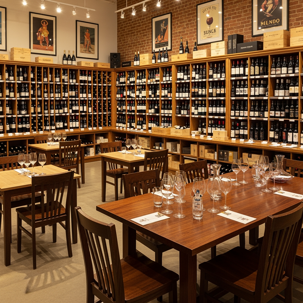 AI Design for crea una enoteca con dei tavoli quadrati un tavolo per la degustazione senza persone