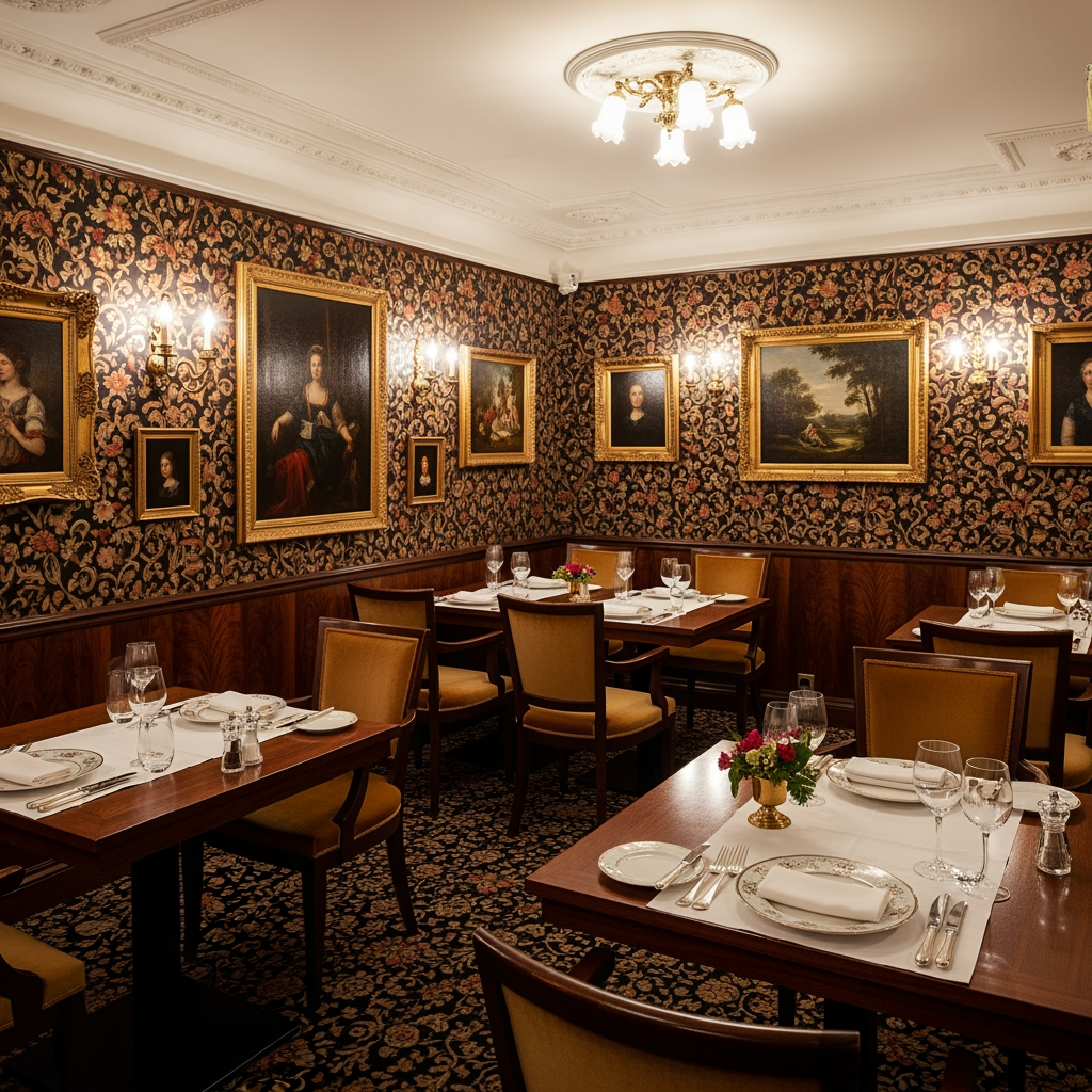AI Design for crea una sala non molto grande di un ristorante stile classico con pareti decorate tavoli quadrati per un palazzo del 700 con soffitto basso