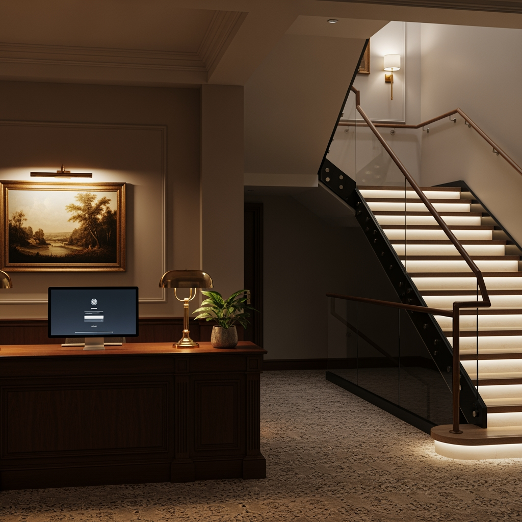 AI Design for voglio un rendering di una reception in stile classico non molto grande, con soffitto basso, una scrivania con un computer e dove si vede anche una scala moderna che porta al primo piano sul lato destro