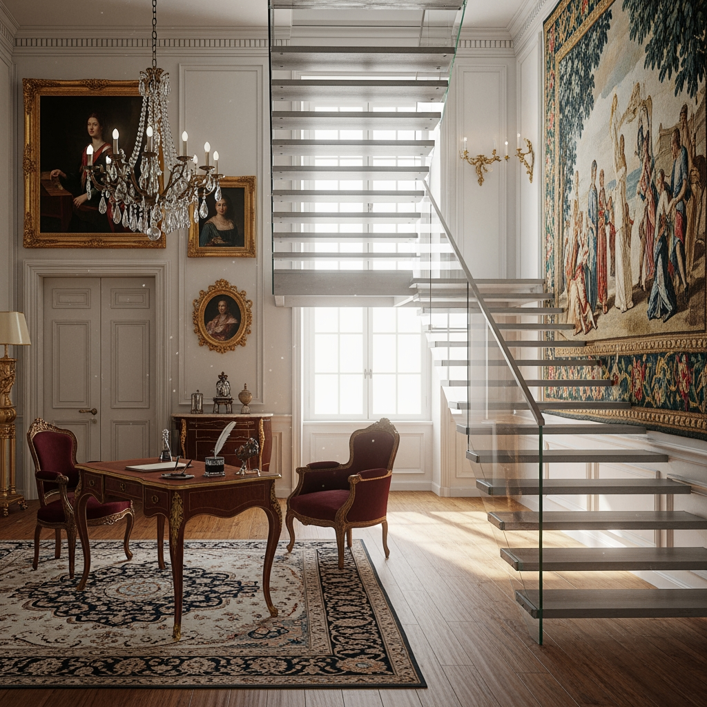 AI Design for voglio un rendering di una reception in un palazzo del 700 non molto grande dove si vede anche una scala moderna che porta al primo piano sul lato destro
