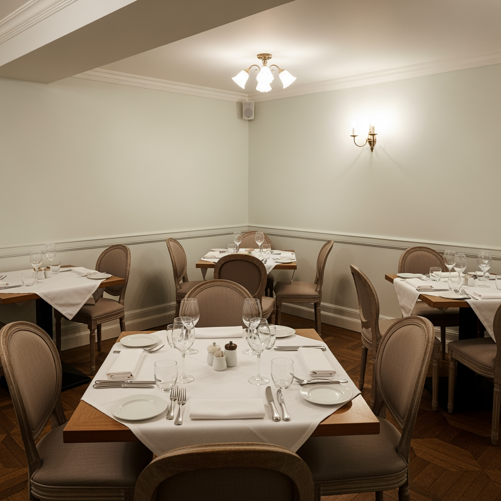 AI Design for crea una sala  non molto grande di un ristorante stile classico con pareti chiare tavoli quadrati  per un palazzo del 700 con soffitto basso