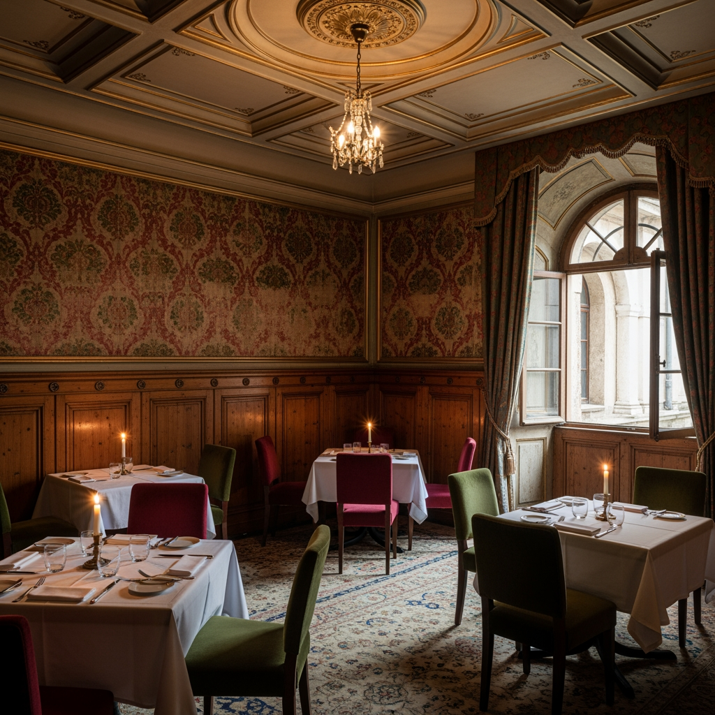 AI Design for crea una sala  non molto grande di un ristorante stile classico per un palazzo del 700 con soffitto basso