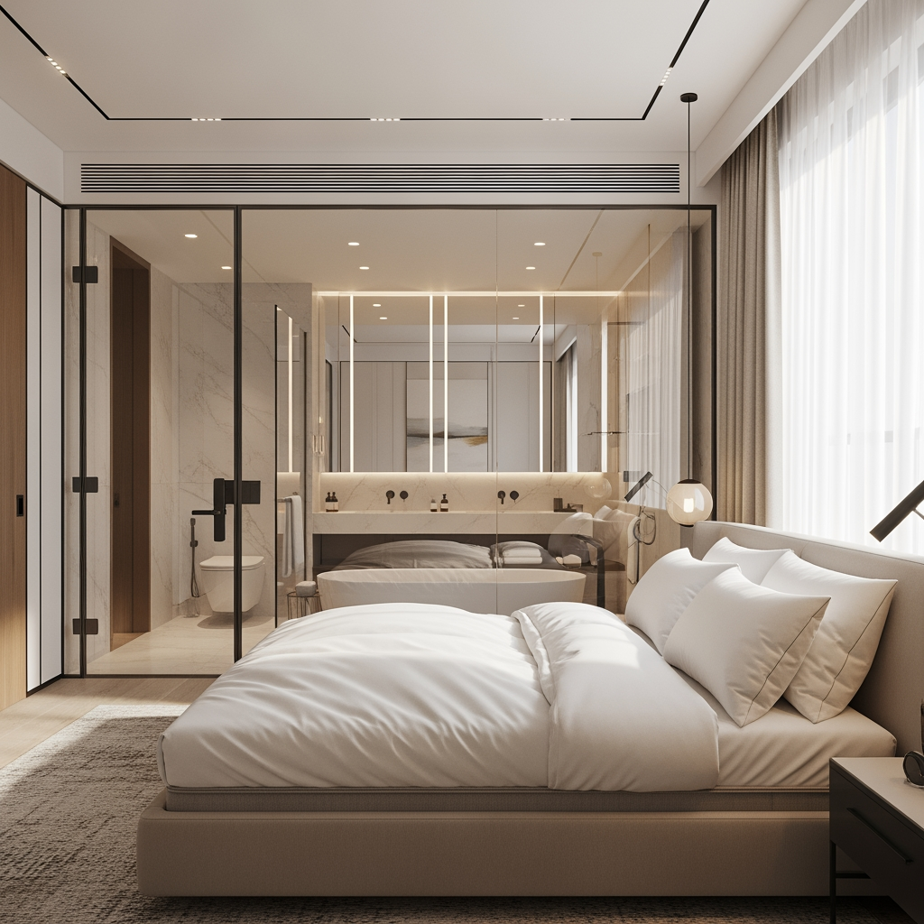 AI Design for voglio un rendering di una camera da letto molto ampia, con un bagno posizionato dietro al letto e che ha le pareti in vetro trasparente, e la porta al bagno anch'essa in vetro sul lato sinistro del letto