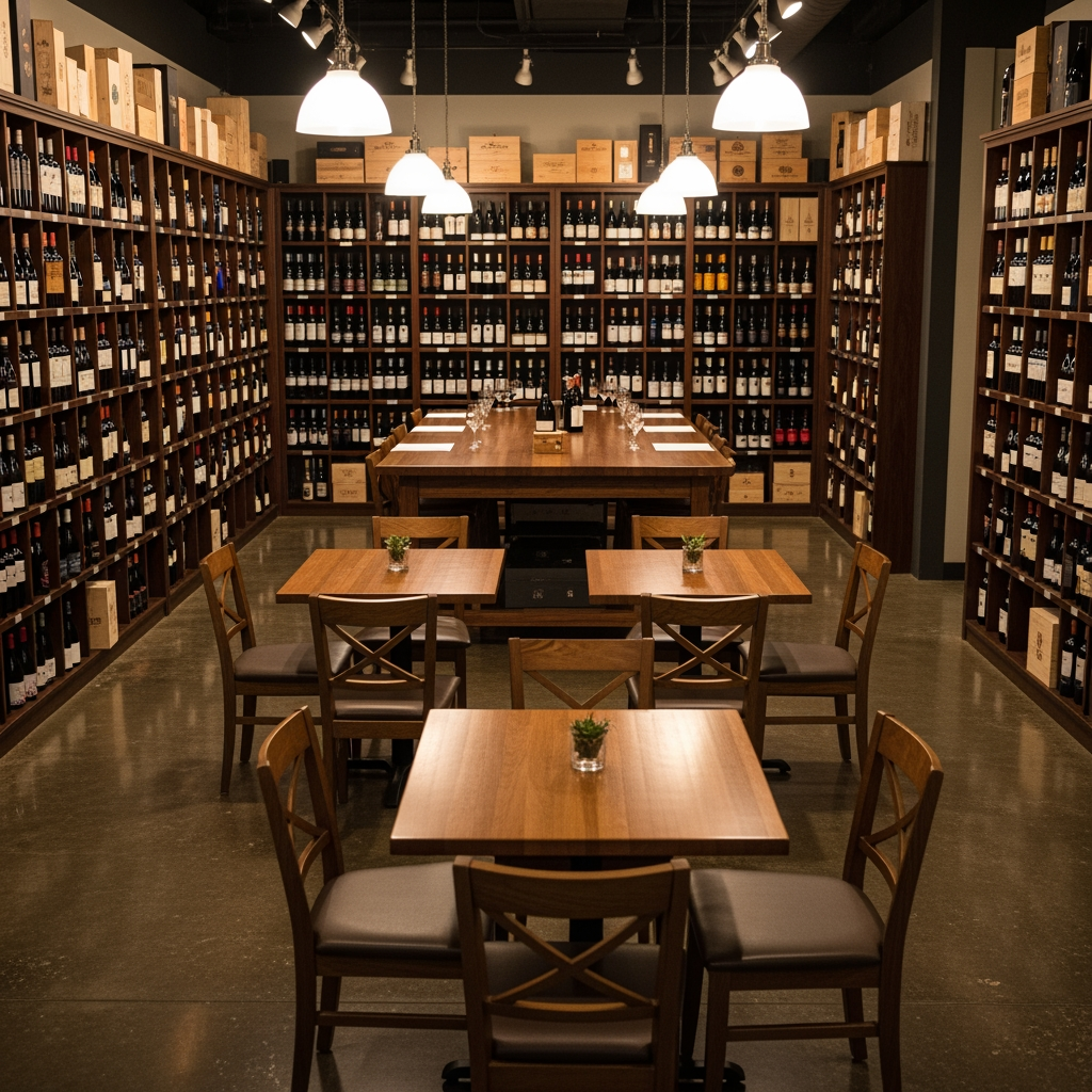 AI Design for crea una enoteca con dei tavoli quadrati un tavolo per la degustazione senza persone