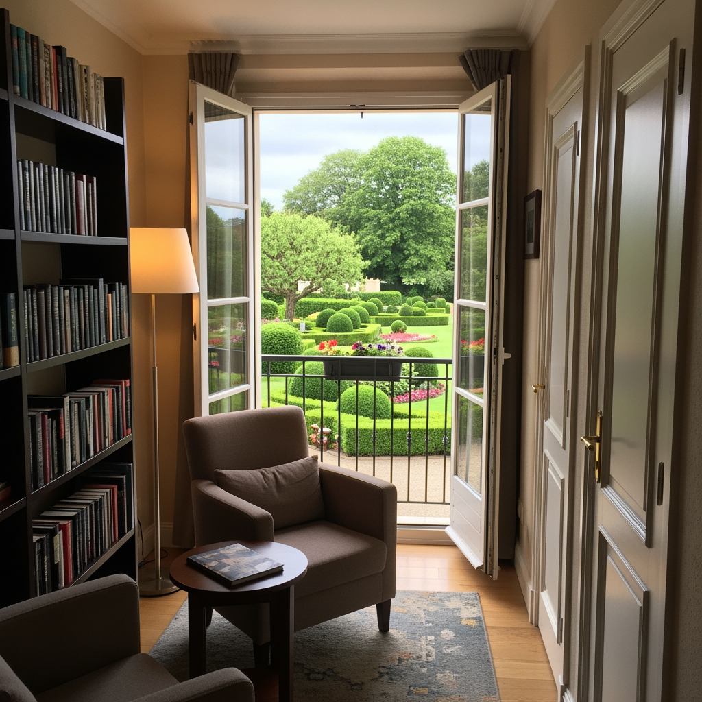 AI Design for crea una pisccola sala lettura per un albergo con porta finestra che si affaccia sul balcone con vista giardino, e due porte una destra una a sinistra