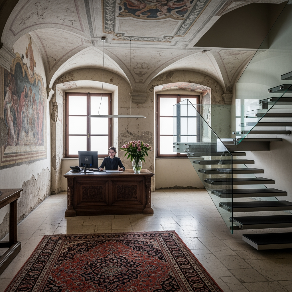 AI Design for voglio un rendering di una reception in un palazzo del 700 non molto grande, con soffitto basso, una scrivania con un computer e dove si vede anche una scala moderna che porta al primo piano sul lato destro