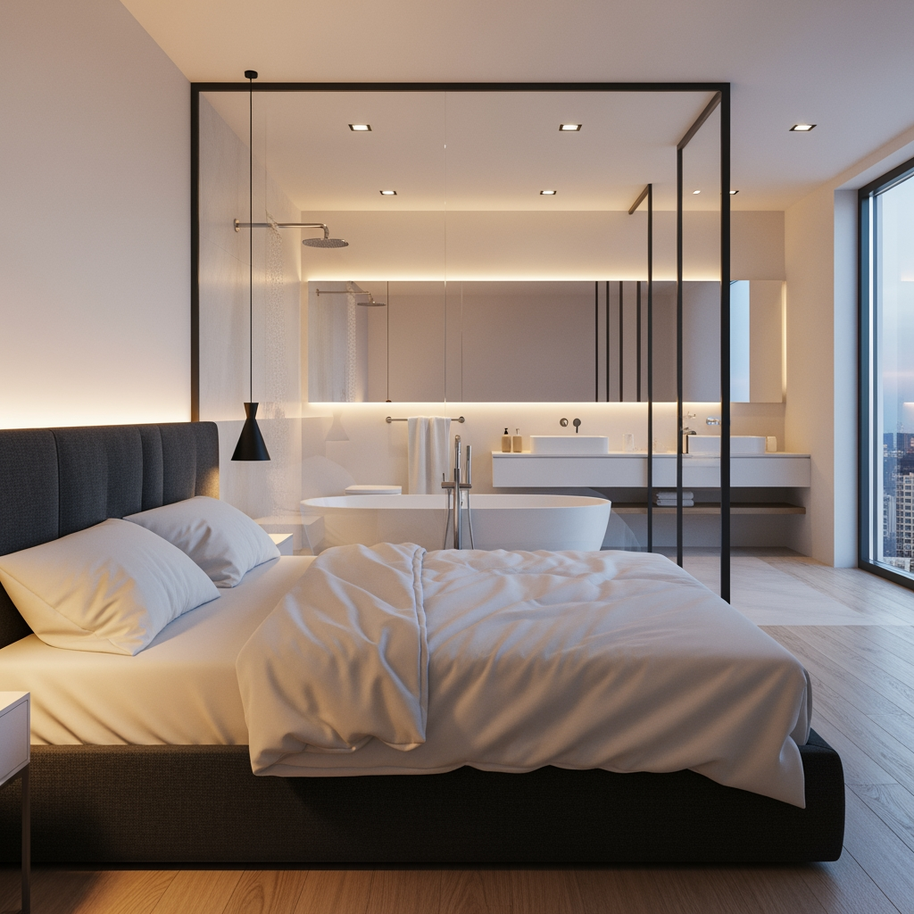 AI Design for voglio un rendering di una camera da letto, con un bagno posizionato dietro al letto e che ha le pareti in vetro trasparente,