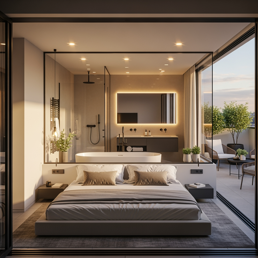 AI Design for voglio un rendering di una camera da letto, con un bagno posizionato dietro al letto e che ha le pareti in vetro trasparente, e la camera che si affaccia su una piccola terrazza