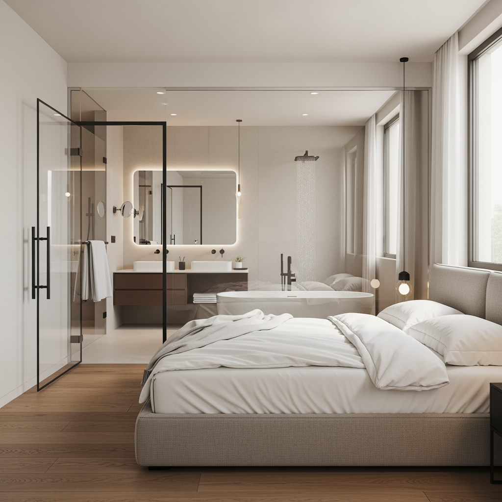 AI Design for voglio un rendering di una camera da letto molto ampia, con un bagno dietro al letto e che ha le pareti in vetro trasparente, e la porta al bagno anch'essa in vetro sul lato sinistro del letto