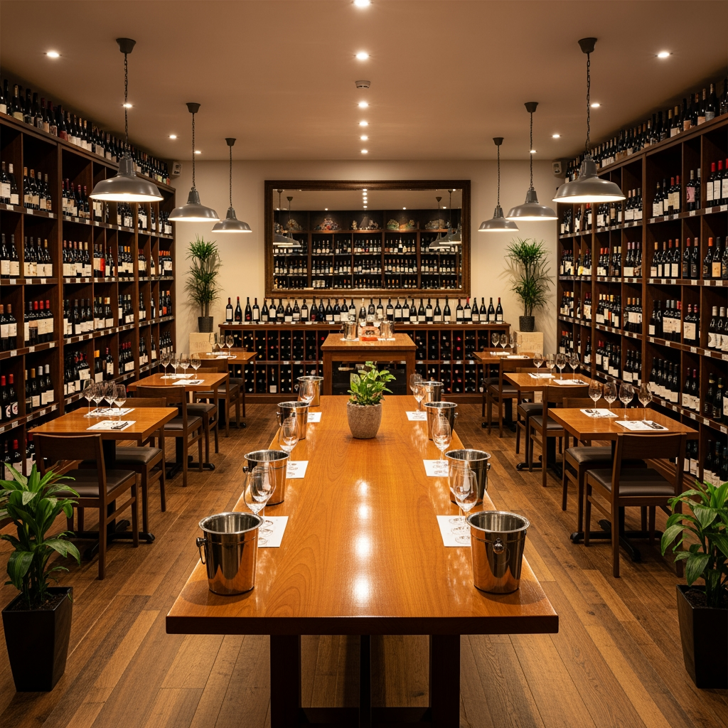 AI Design for crea una enoteca con dei tavoli quadrati un tavolo per la degustazione senza persone