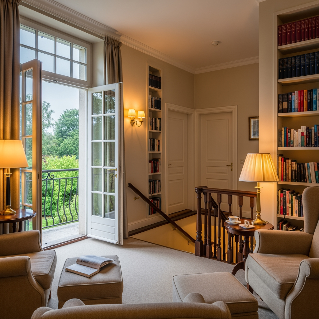 AI Design for crea una pisccola sala lettura per un albergo con porta finestra che si affaccia sul balcone con vista giardino, e dentro la stanza si vede una scala che porta al piano di sotto e due porte una destra una a sinistra