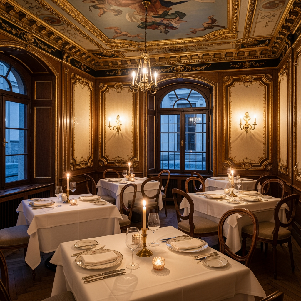 AI Design for crea una sala non molto grande di un ristorante stile classico con pareti decorate tavoli quadrati per un palazzo del 700 con soffitto basso