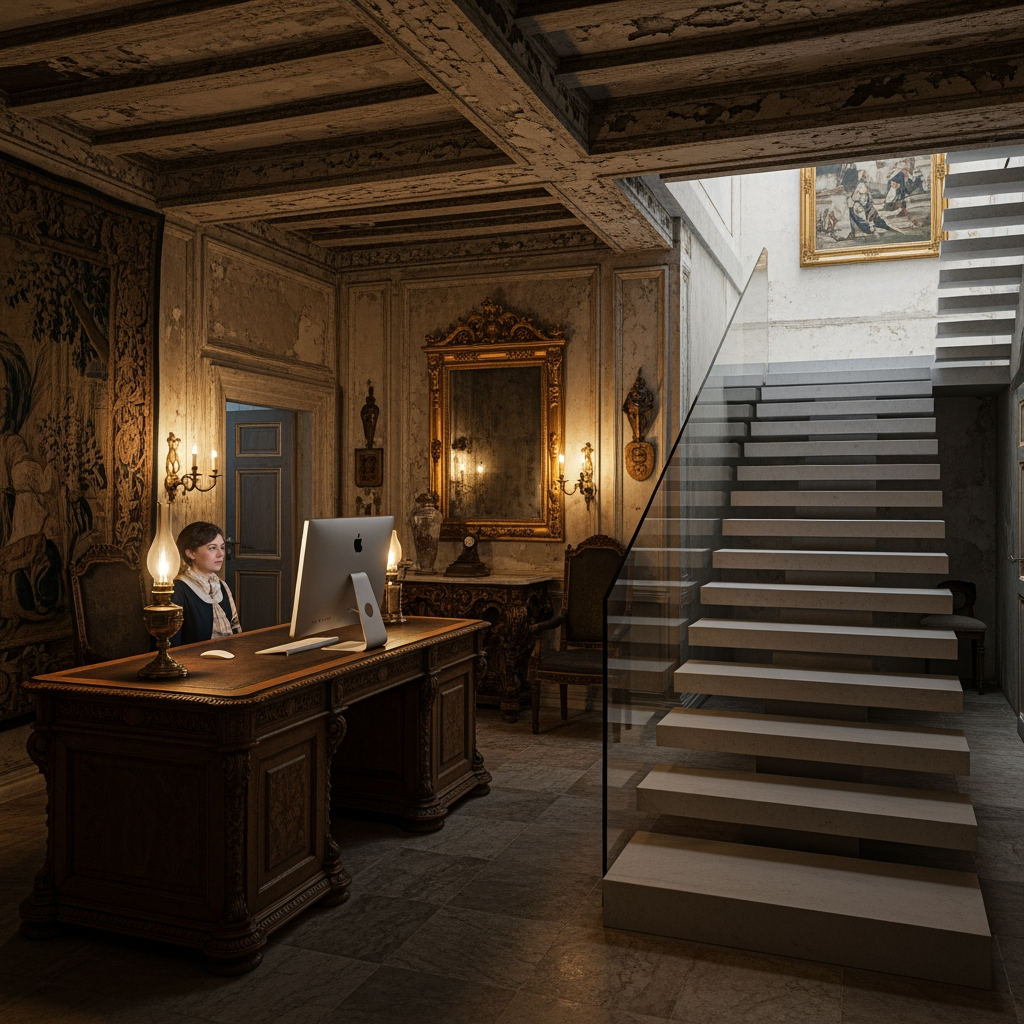 AI Design for voglio un rendering di una reception in un palazzo del 700 non molto grande, con soffitto basso, una scrivania con un computer e dove si vede anche una scala moderna che porta al primo piano sul lato destro