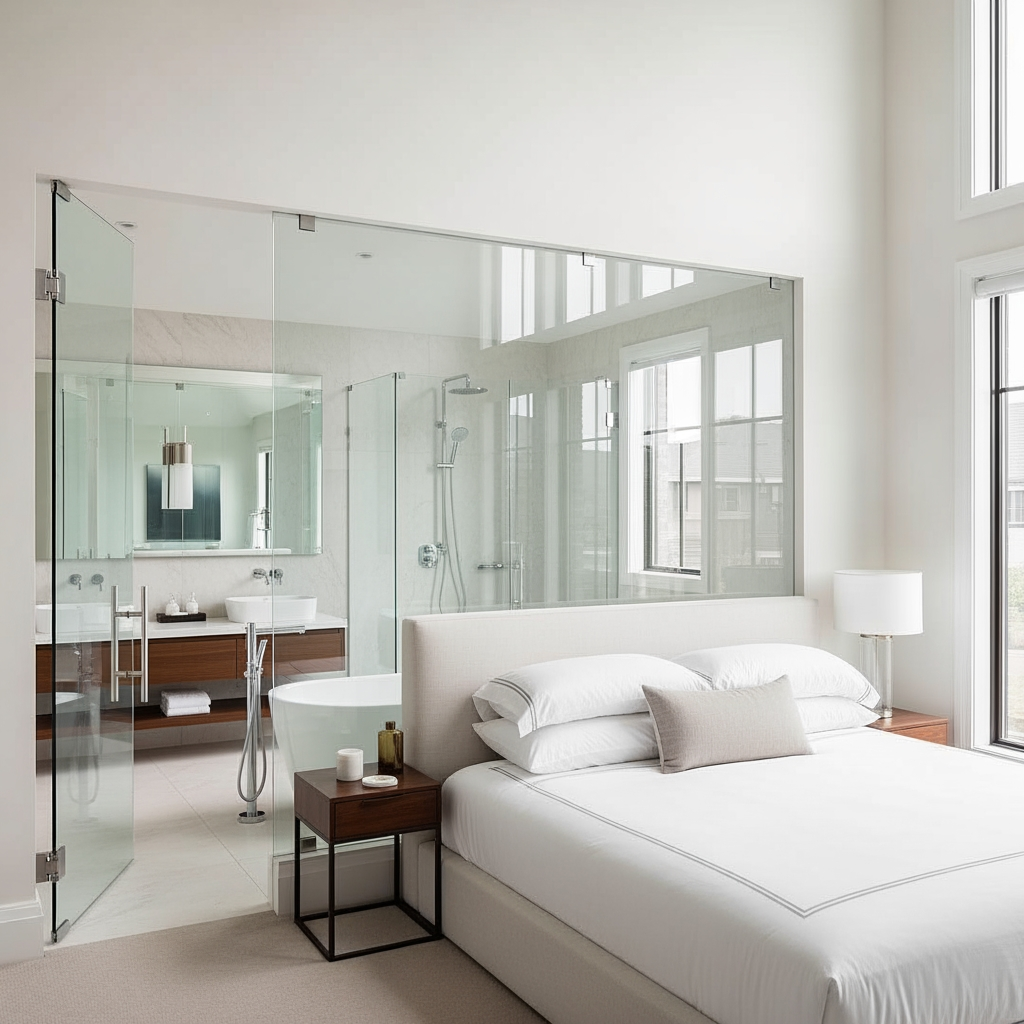 AI Design for voglio un rendering di una camera da letto molto ampia, con un bagno dietro al letto e che ha le pareti in vetro trasparente, e la porta al bagno anch'essa in vetro sul lato sinistro del letto