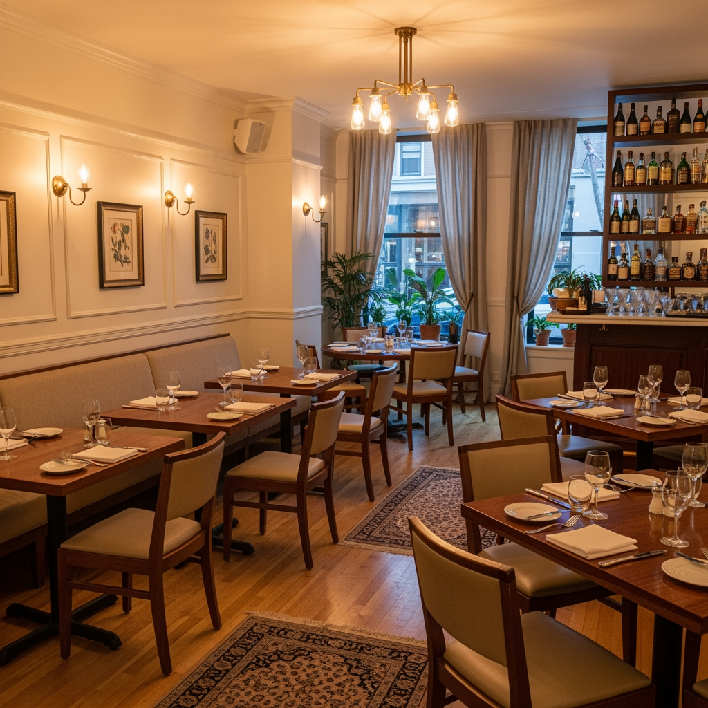 AI Design for crea una sala per un ristorante non molto grande stile classico leggero