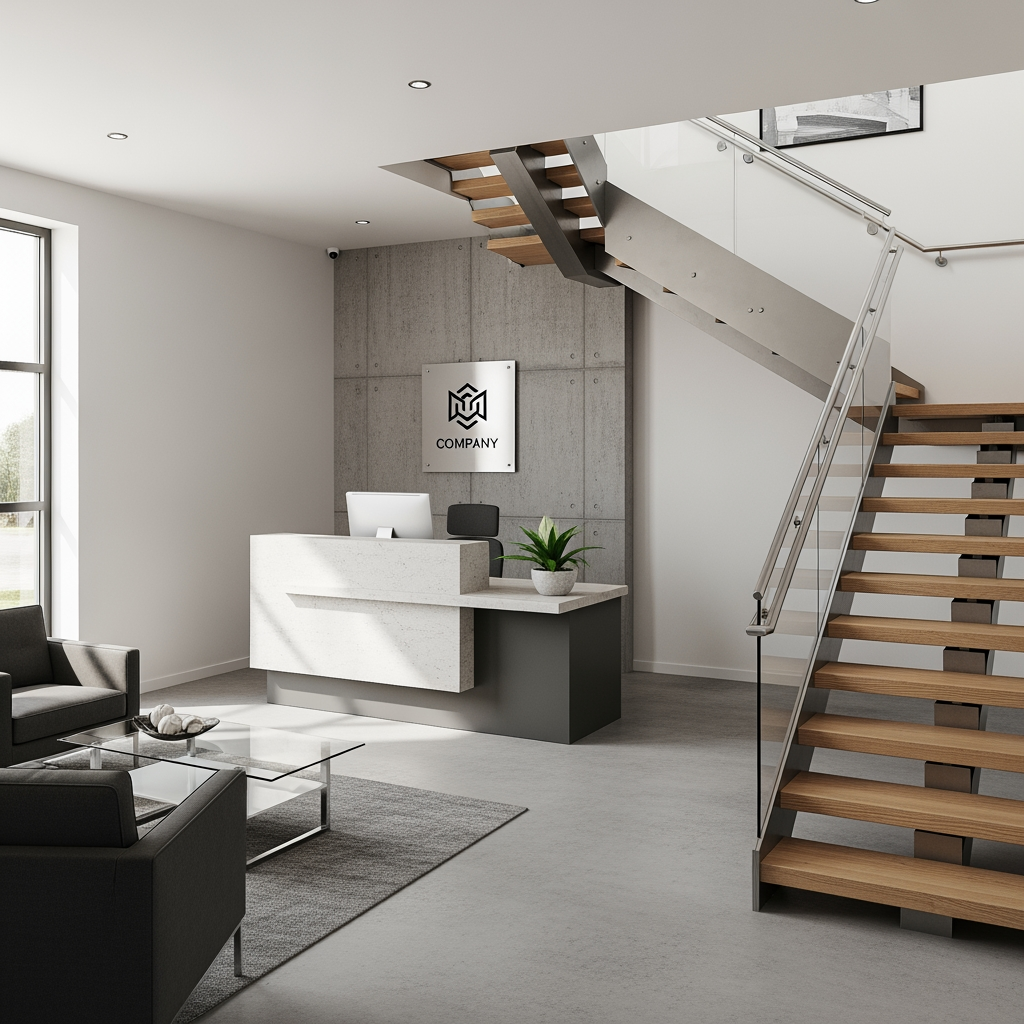 AI Design for voglio un rendering di una reception non molto grande dove si vede anche una scala moderna che porta al primo piano sul lato destro