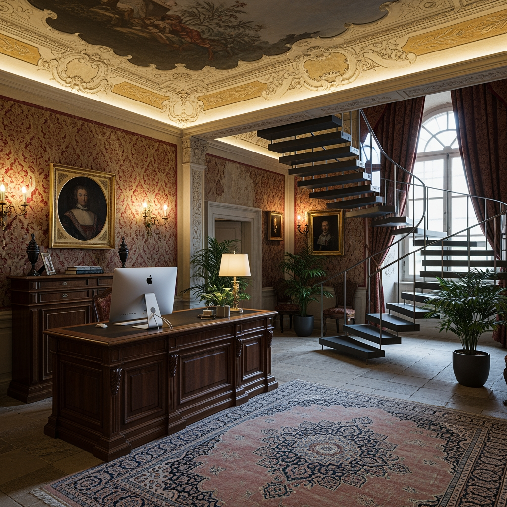 AI Design for voglio un rendering di una reception in un palazzo del 700 non molto grande, con soffitto basso, una scrivania con un computer e dove si vede anche una scala moderna che porta al primo piano sul lato destro