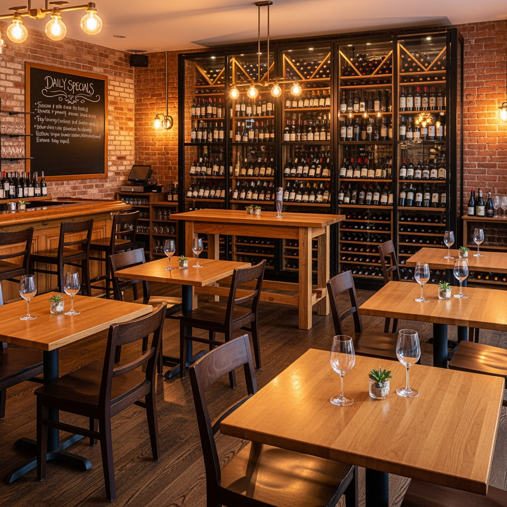AI Design for crea una enoteca con dei tavoli quadrati un tavolo per la degustazione senza persone