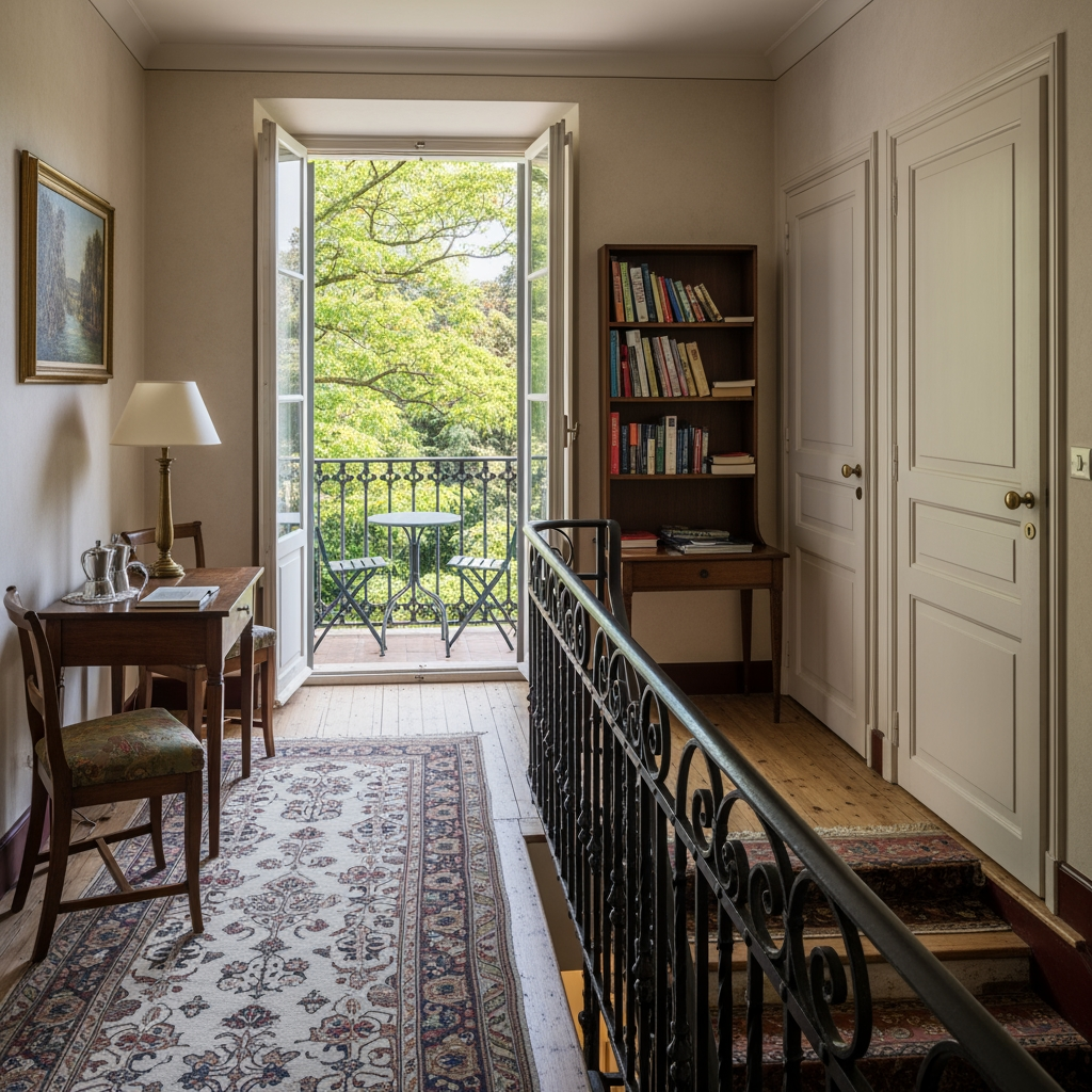 AI Design for crea una pisccola sala lettura per un albergo con porta finestra che si affaccia sul balcone con vista giardino, e dentro la stanza si vede una scala addossata al muro con ringhiera in ferro che porta al piano di sotto e due porte una destra una a sinistra