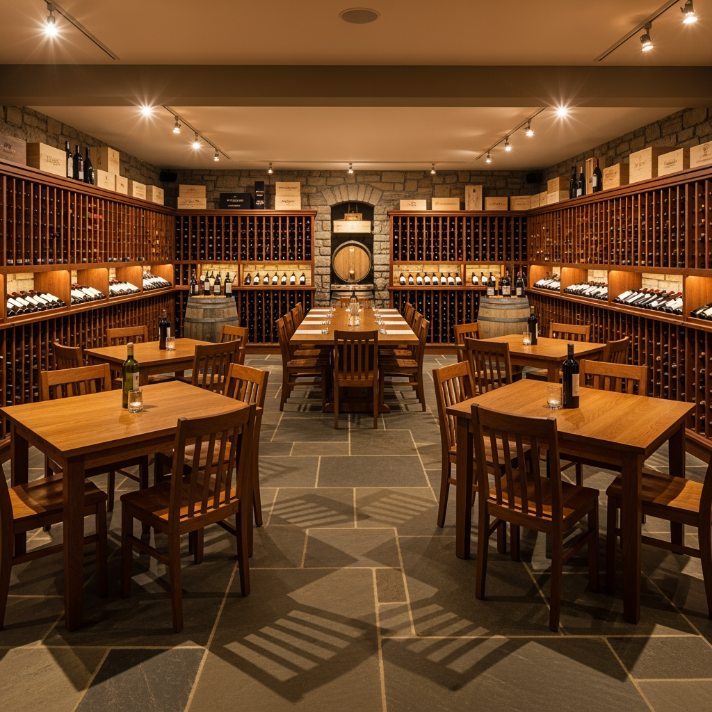 AI Design for crea una enoteca con dei tavoli quadrati un tavolo per la degustazione senza persone
