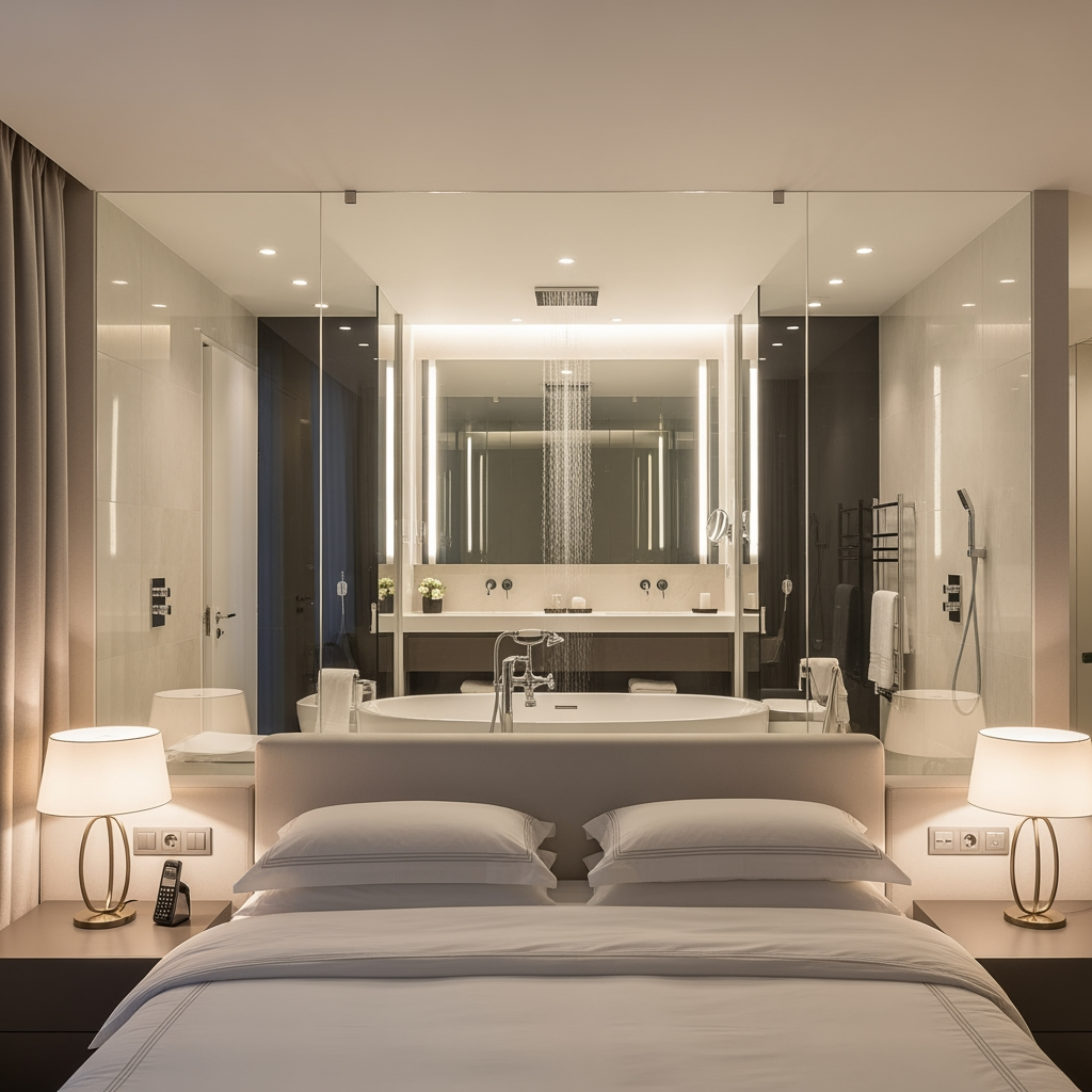 AI Design for voglio un rendering di una camera da letto, con un bagno posizionato dietro al letto e che ha le pareti in vetro trasparente,