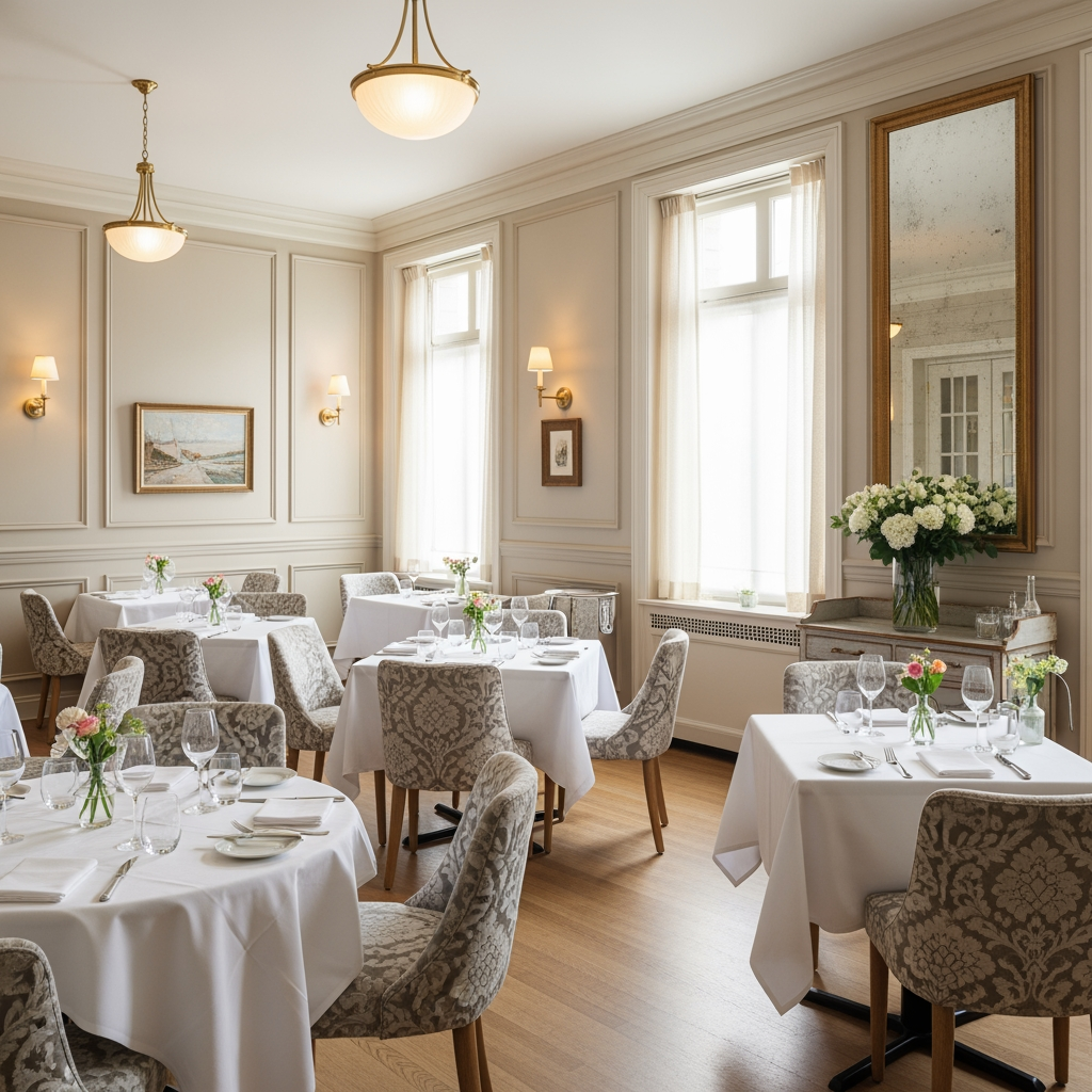 AI Design for crea una sala per un ristorante non molto grande stile classico leggero