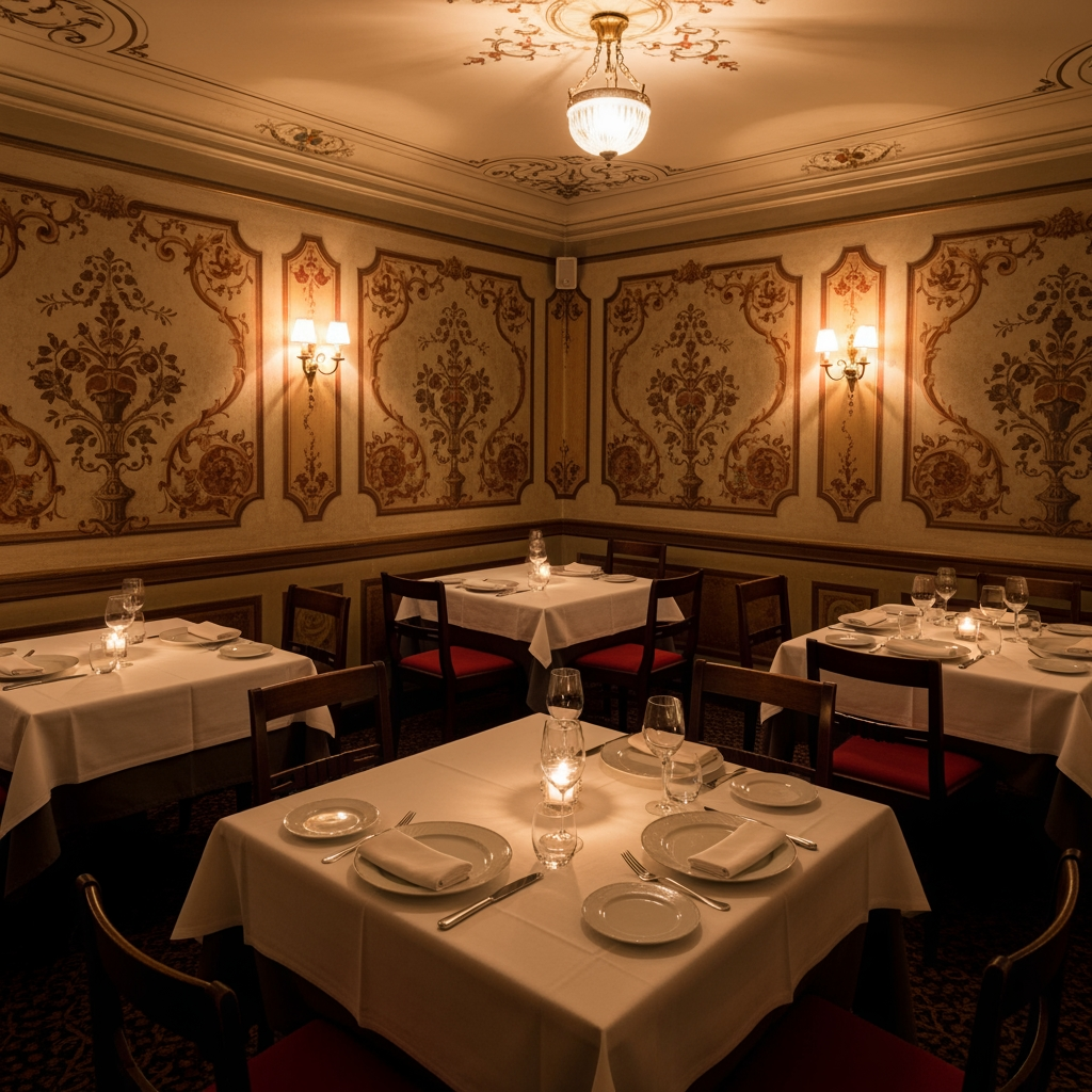 AI Design for crea una sala non molto grande di un ristorante stile classico con pareti decorate tavoli quadrati per un palazzo del 700 con soffitto basso