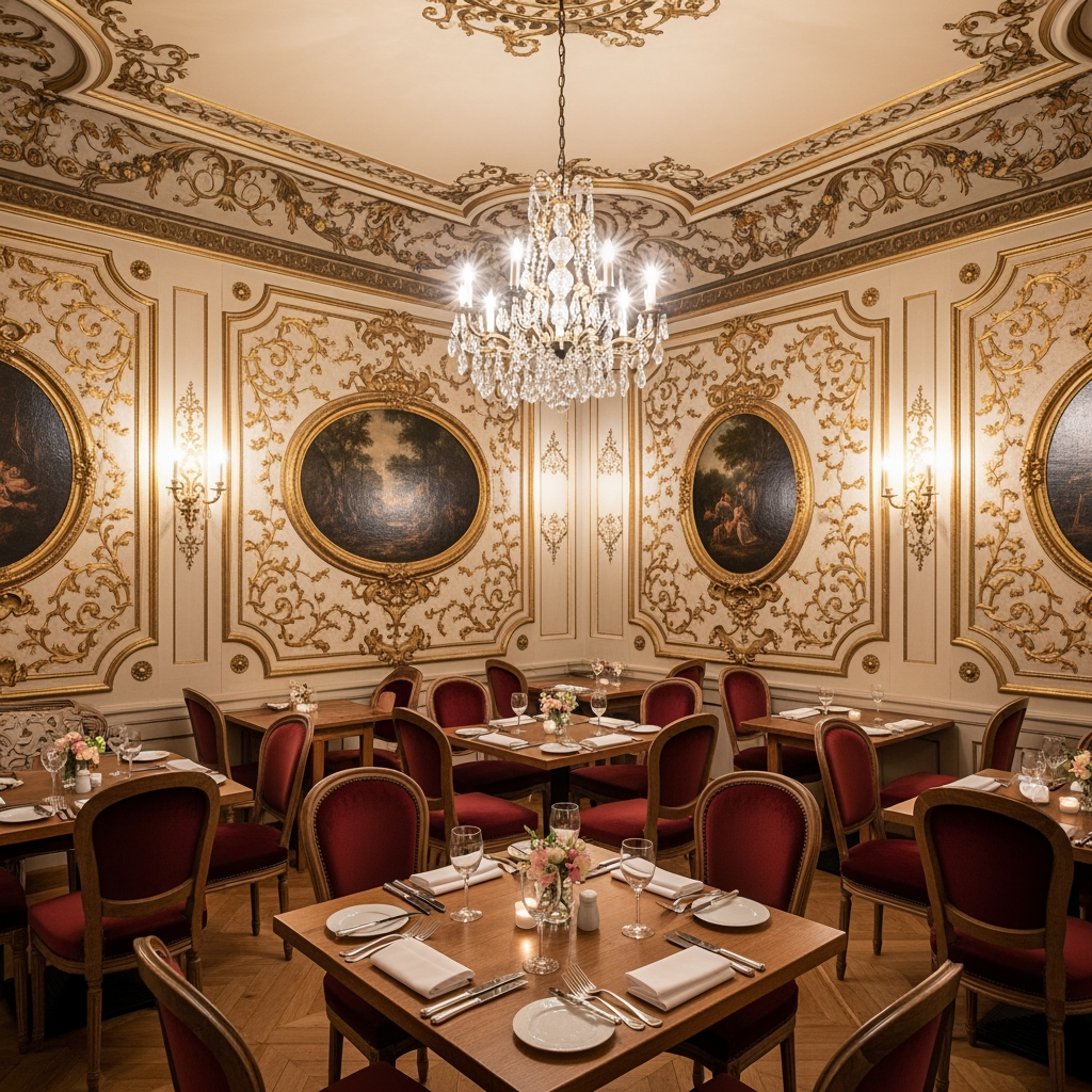 AI Design for crea una sala non molto grande di un ristorante stile classico con pareti decorate tavoli quadrati per un palazzo del 700 con soffitto basso