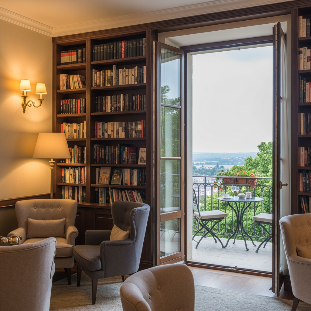 AI Design for crea una pisccola sala lettura per un albergo con porta finestra che si affaccia sul balcone