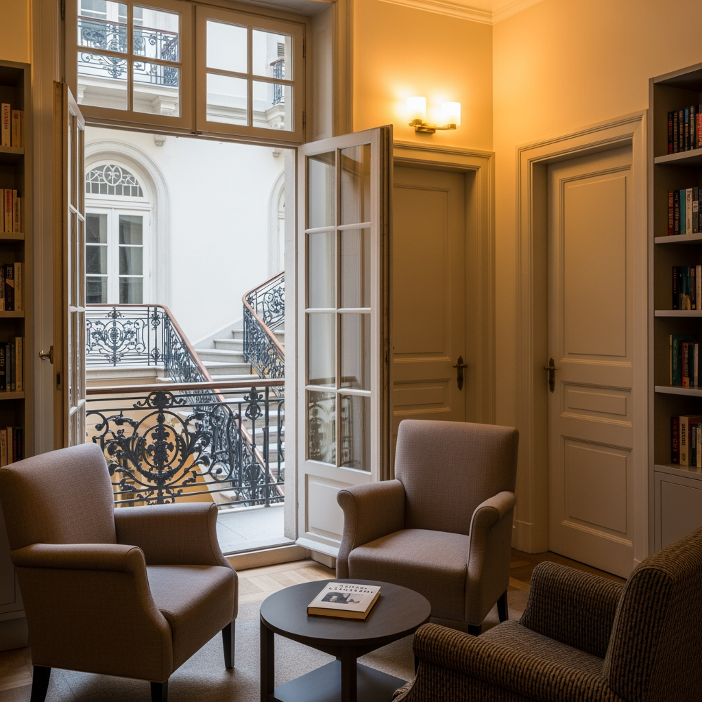 AI Design for crea una pisccola sala lettura per un albergo con porta finestra che si affaccia sul balcone e si vede una scala che porta al piano di sotto e due porte una destra una a sinistra