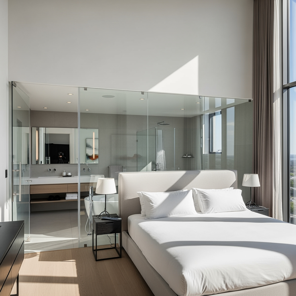 AI Design for voglio un rendering di una camera da letto molto ampia, con un bagno dietro al letto e che ha le pareti in vetro trasparente, e la porta al bagno anch'essa in vetro sul lato sinistro del letto