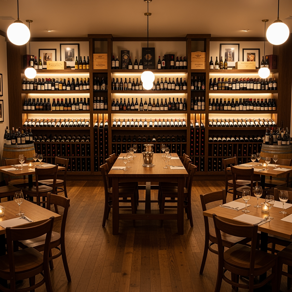 AI Design for crea una enoteca con dei tavoli quadrati un tavolo per la degustazione senza persone