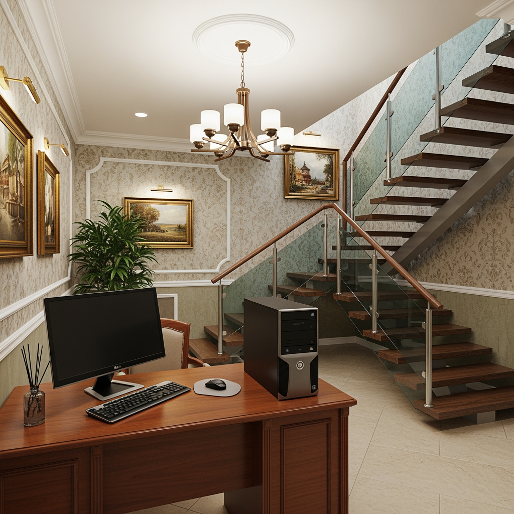 AI Design for voglio un rendering di una reception in stile classico non molto grande, con soffitto basso, una scrivania con un computer e  dove si vede anche una scala moderna che porta al primo piano sul lato destro