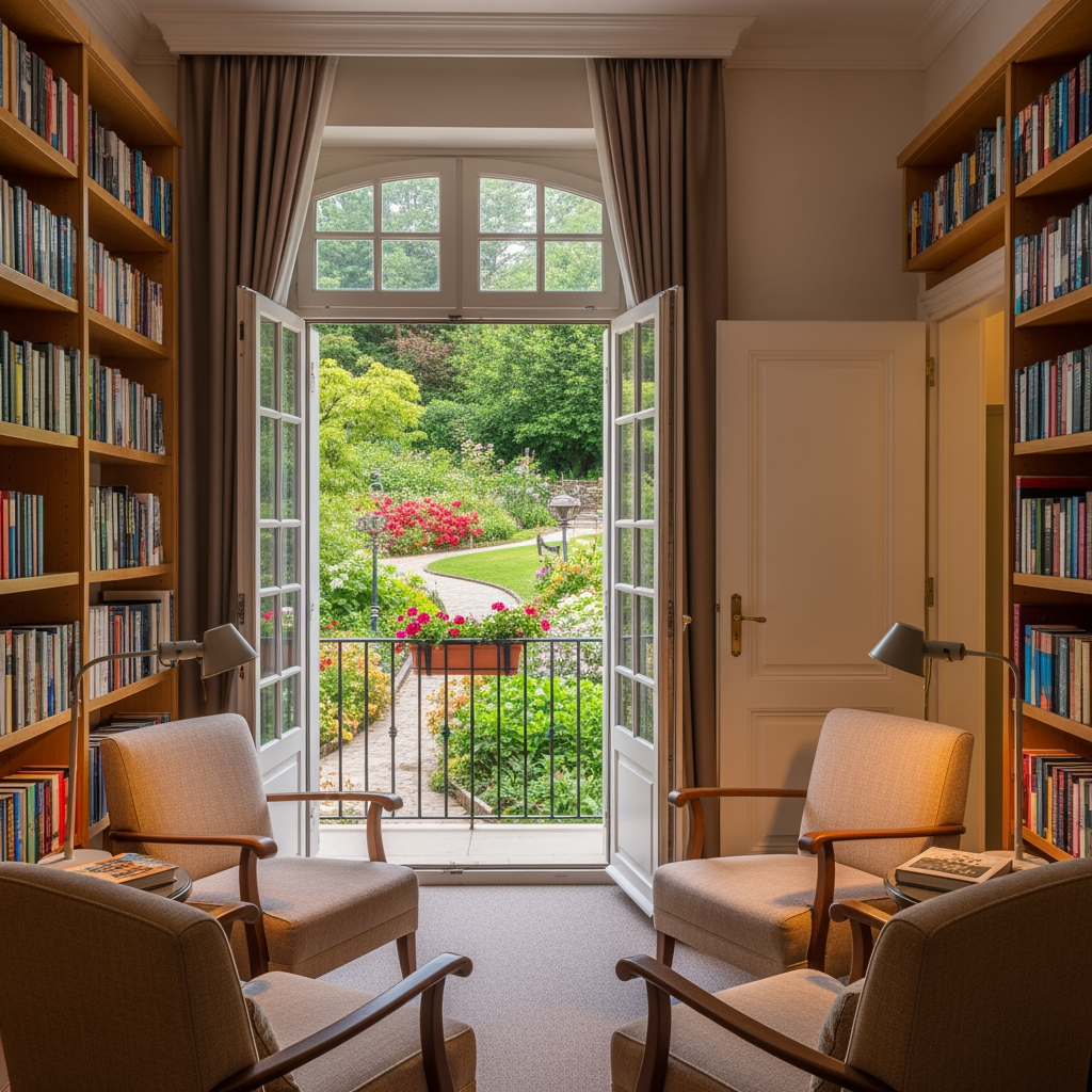 AI Design for crea una pisccola sala lettura per un albergo con porta finestra che si affaccia sul balcone con vista giardino, e due porte una destra una a sinistra