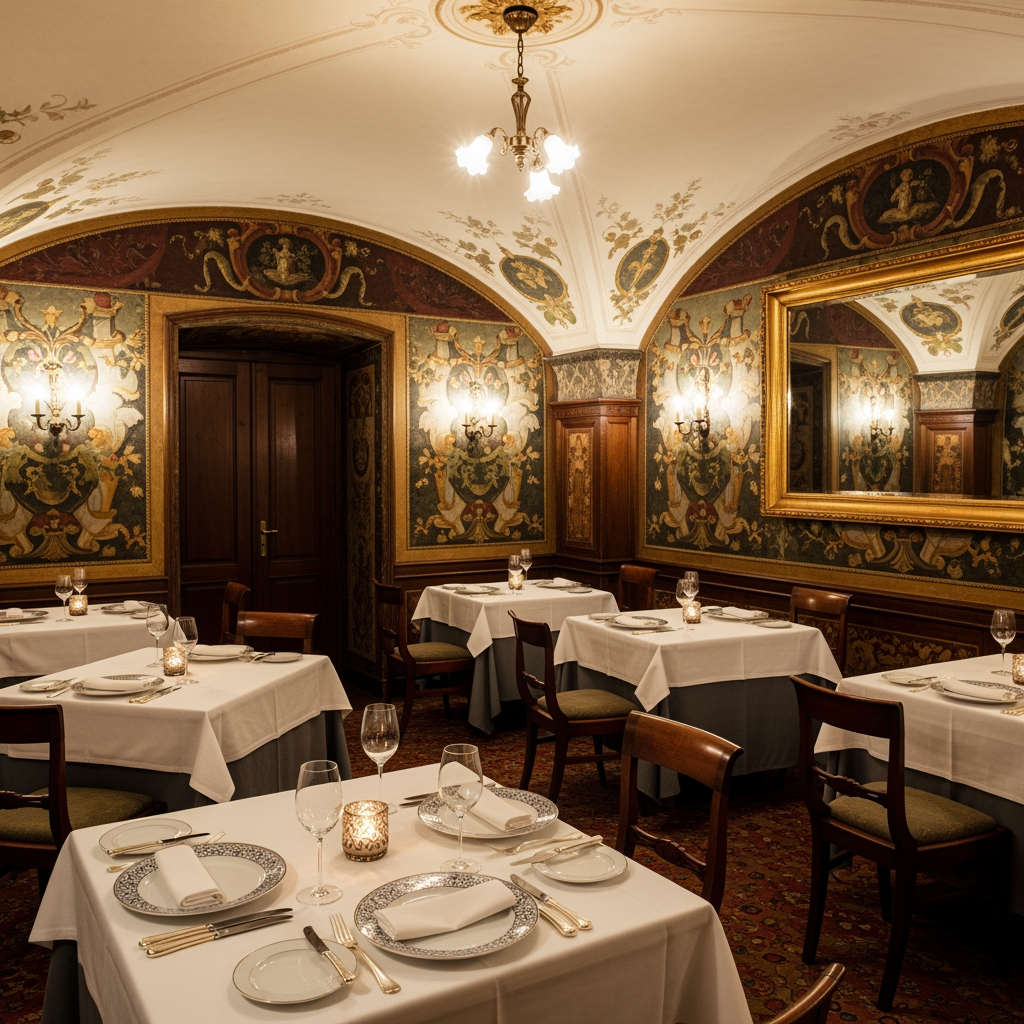 AI Design for crea una sala  non molto grande di un ristorante stile classico con pareti decorate  tavoli quadrati  per un palazzo del 700 con soffitto basso