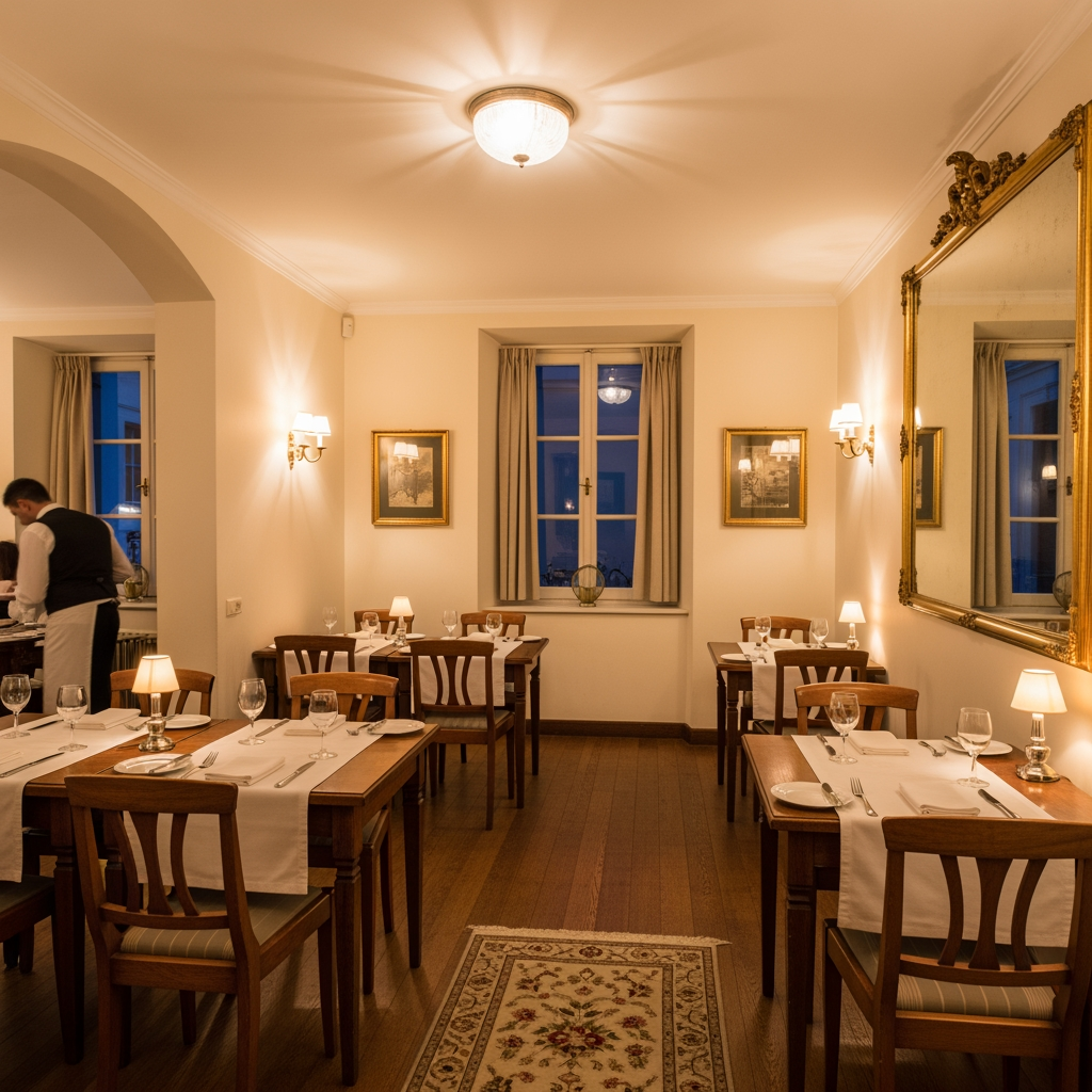 AI Design for crea una sala  non molto grande di un ristorante stile classico con pareti chiare tavoli quadrati  per un palazzo del 700 con soffitto basso