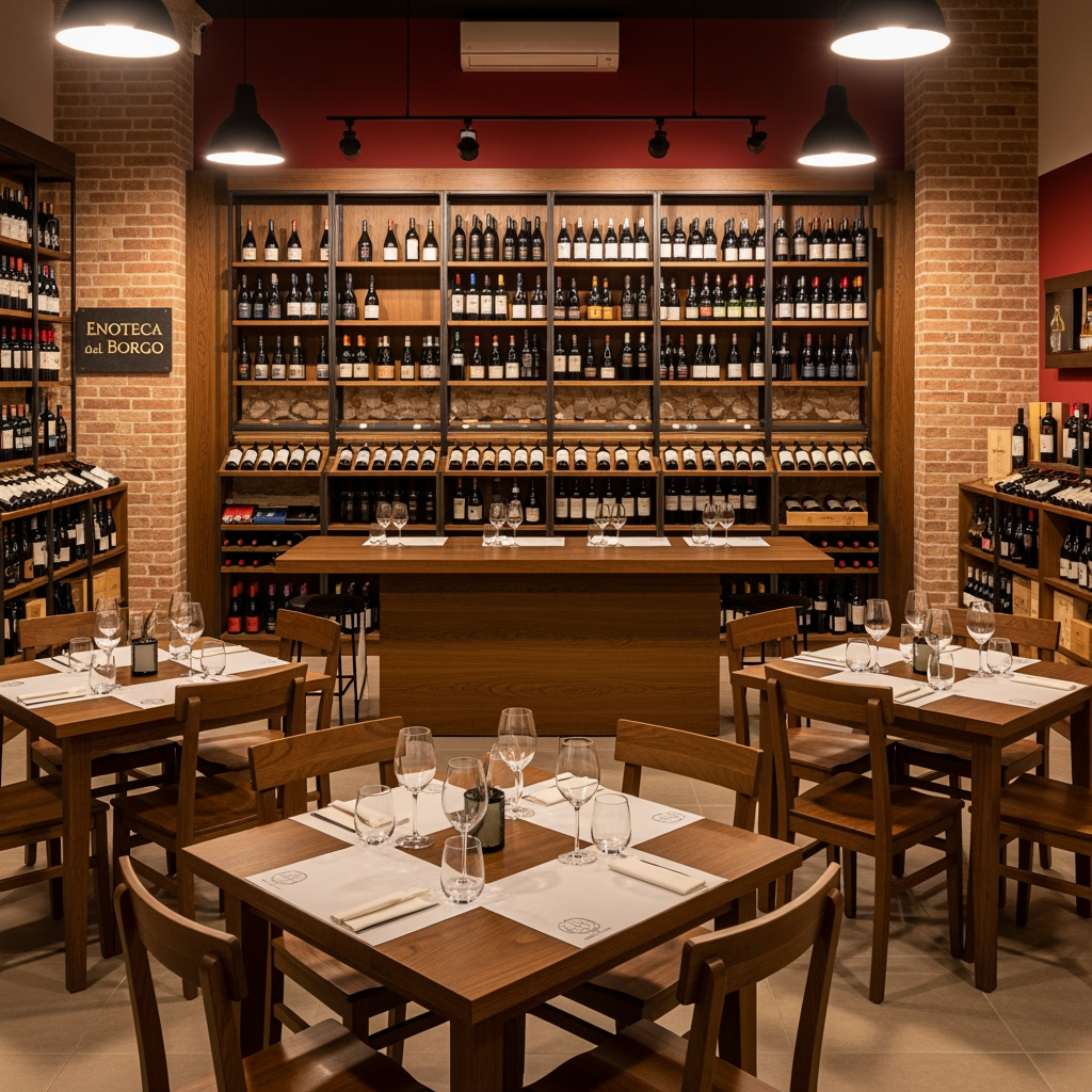 AI Design for crea una enoteca con dei tavoli quadrati un tavolo per la degustazione senza persone
