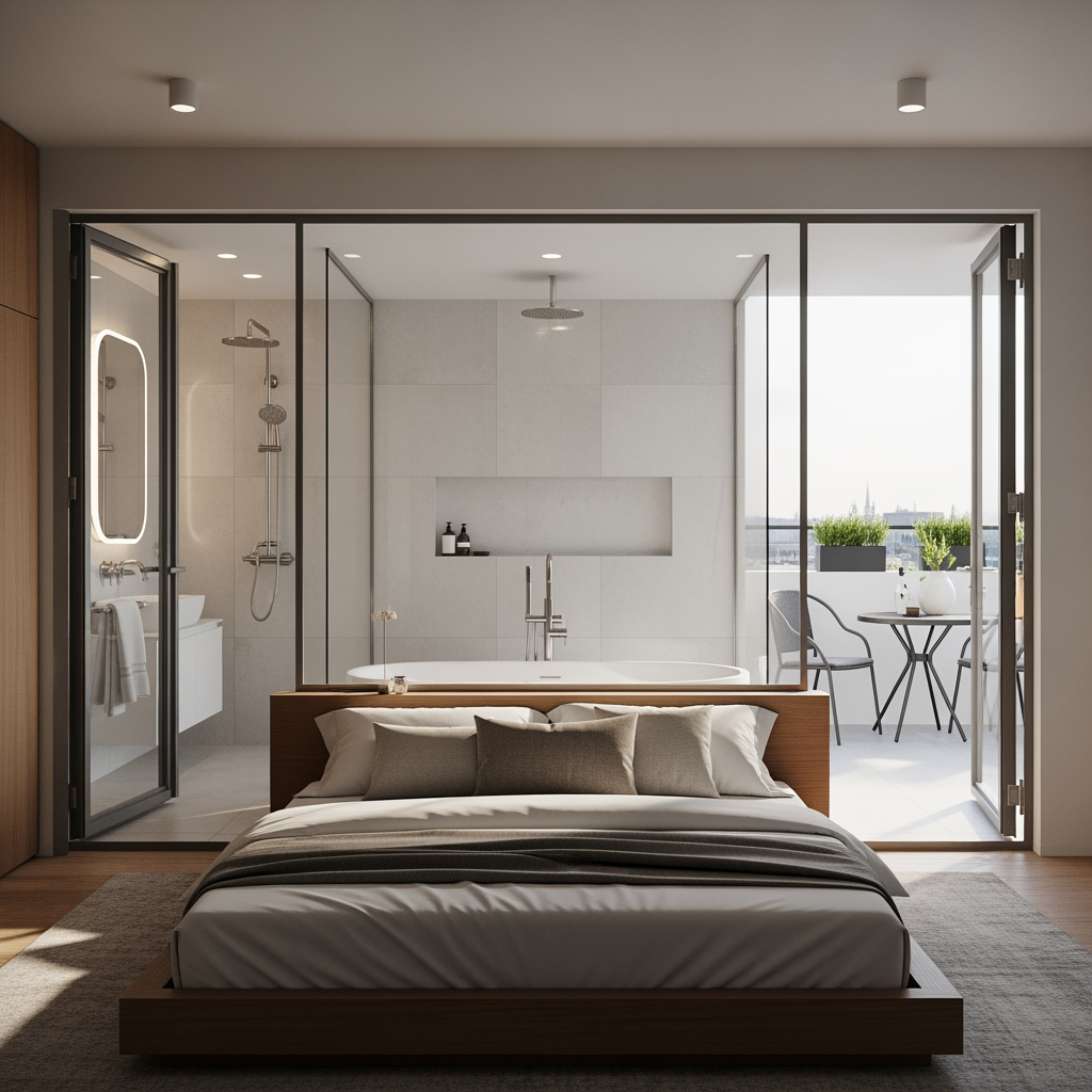 AI Design for voglio un rendering di una camera da letto, con un bagno posizionato dietro al letto e che ha le pareti in vetro trasparente, e la camera che si affaccia su una piccola terrazza