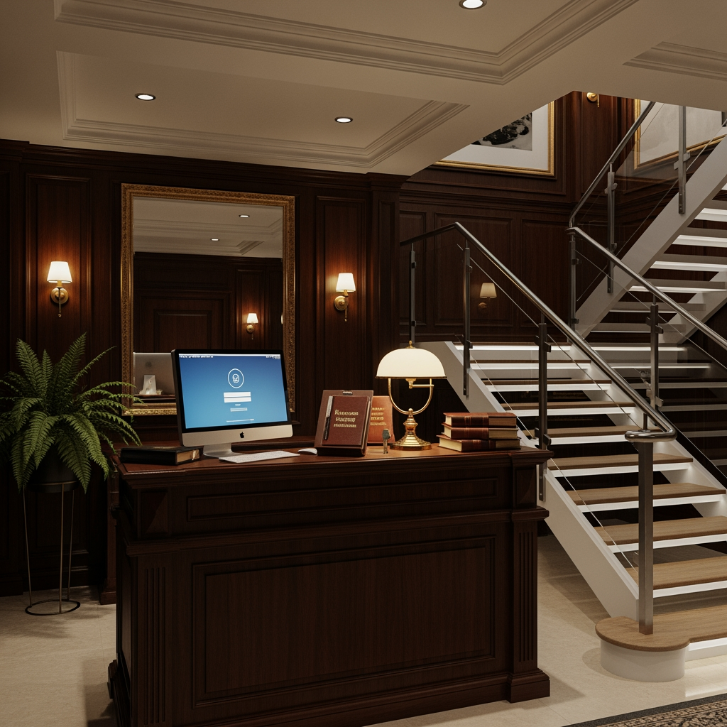 AI Design for voglio un rendering di una reception in stile classico non molto grande, con soffitto basso, una scrivania con un computer e  dove si vede anche una scala moderna che porta al primo piano sul lato destro