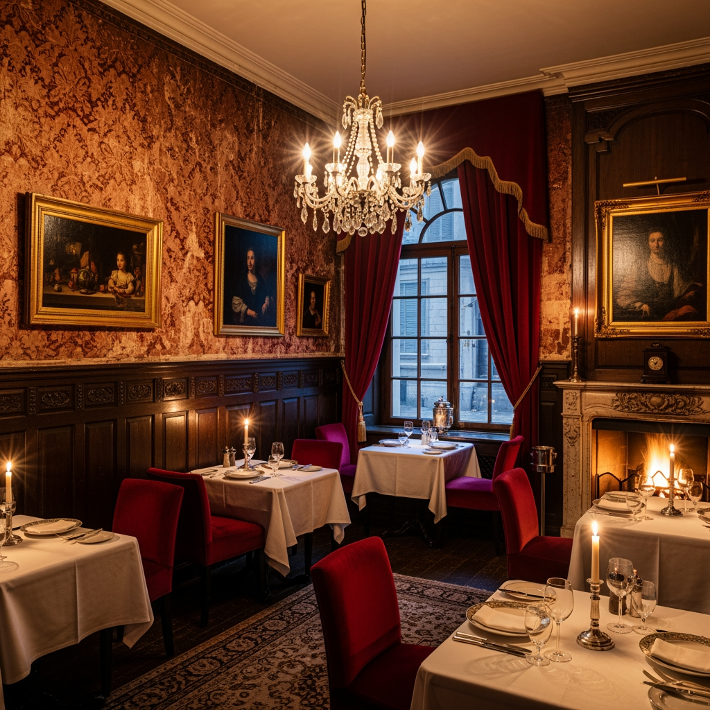AI Design for crea una sala  non molto grande di un ristorante stile classico per un palazzo del 700 con soffitto basso