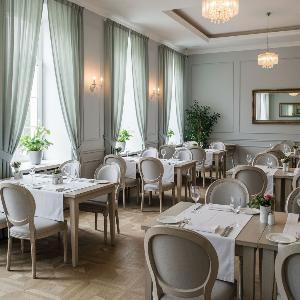 AI Design for crea una sala per un ristorante non molto grande stile classico leggero